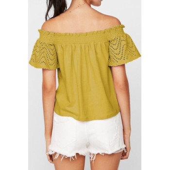 Yellow Solid Shirring Off Shoulder Hollow out Top Pink Black